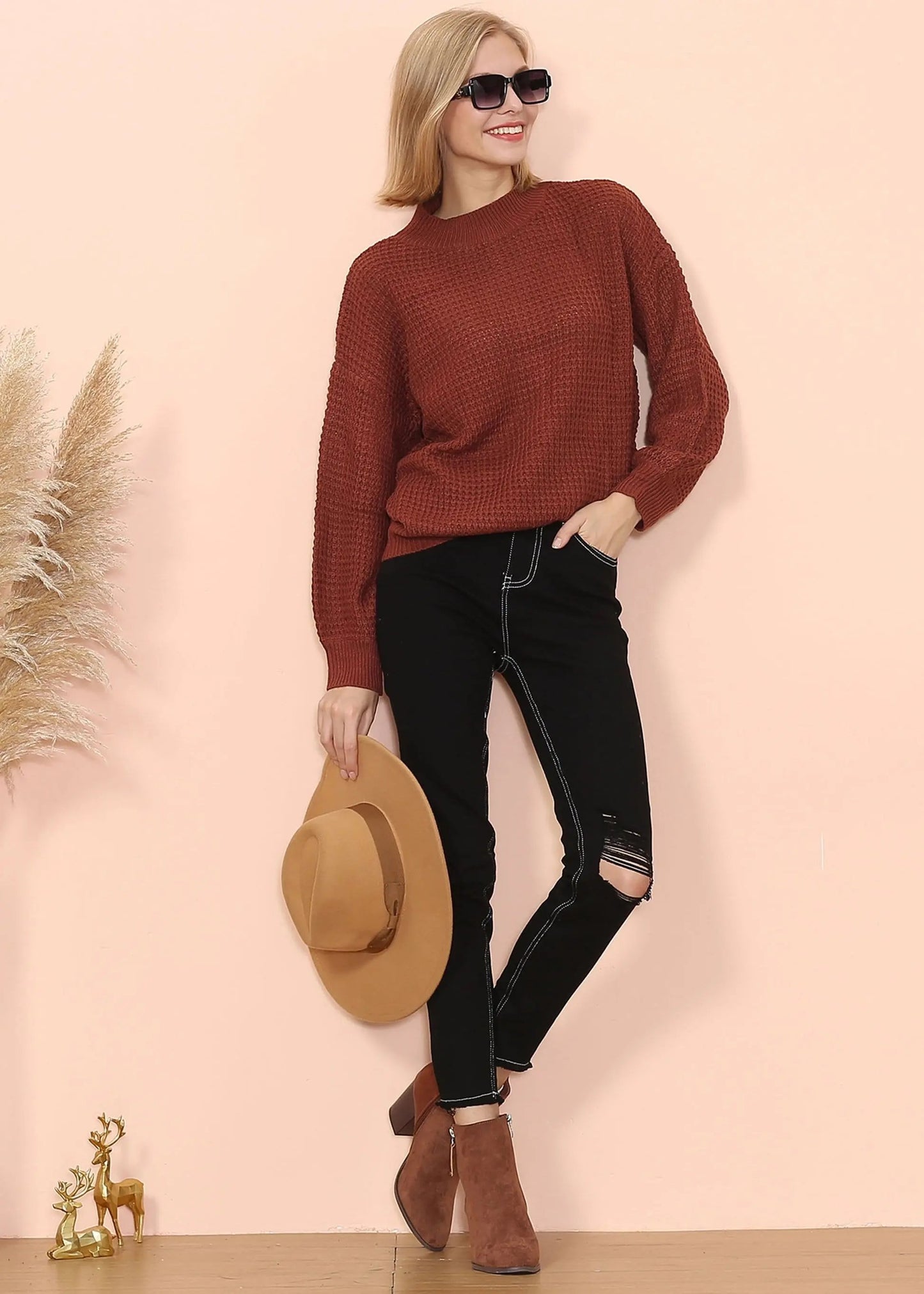 Mock Neck Waffle Knit Sweater Anna-Kaci Wholesale