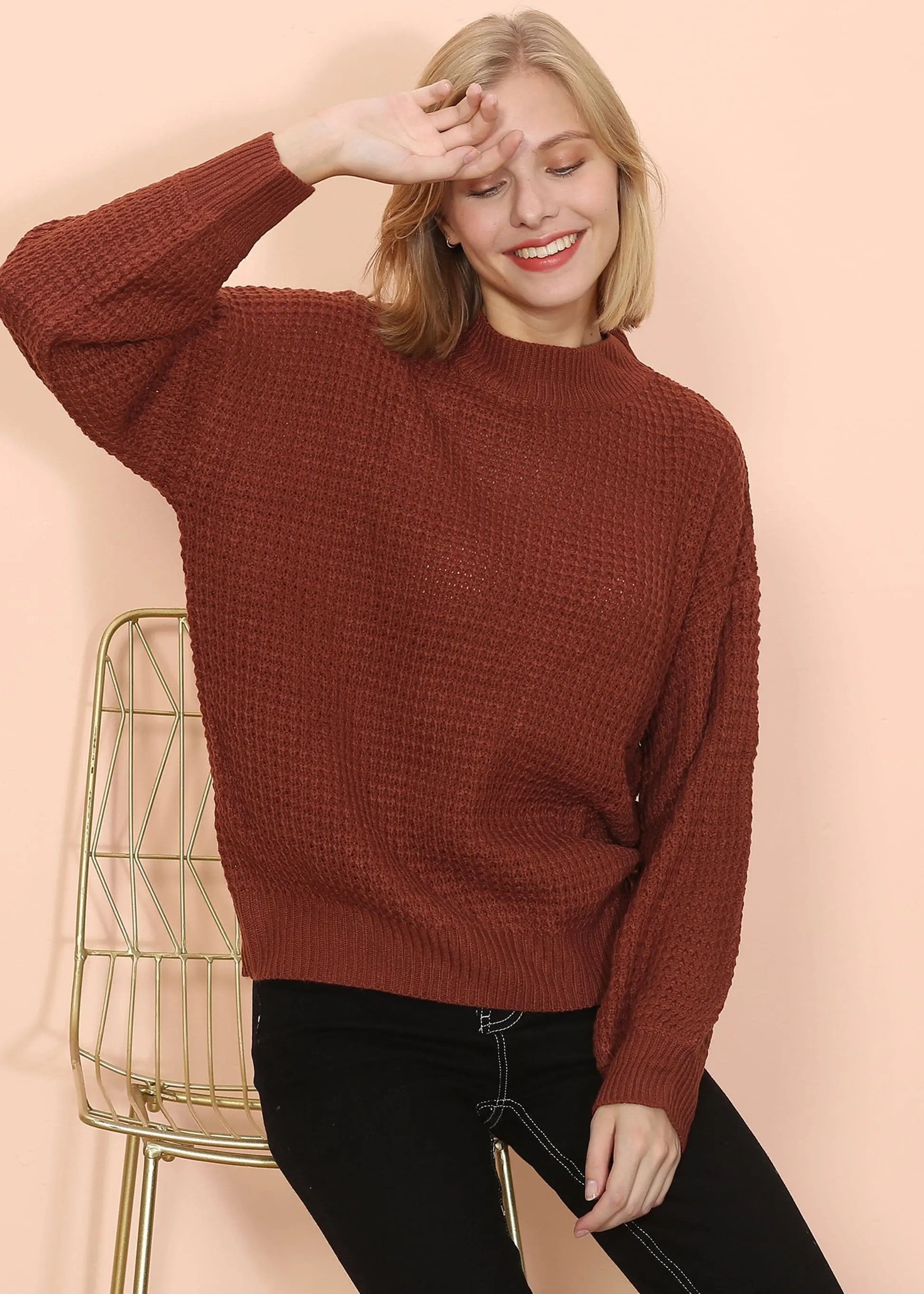 Mock Neck Waffle Knit Sweater Anna-Kaci Wholesale