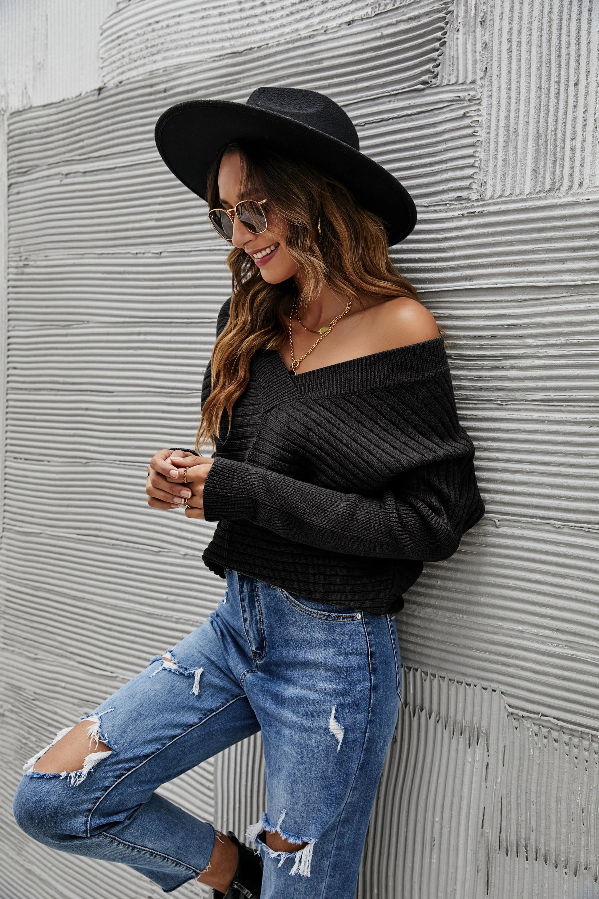 Solid Color Ribbed Sweater Anna-Kaci Wholesale