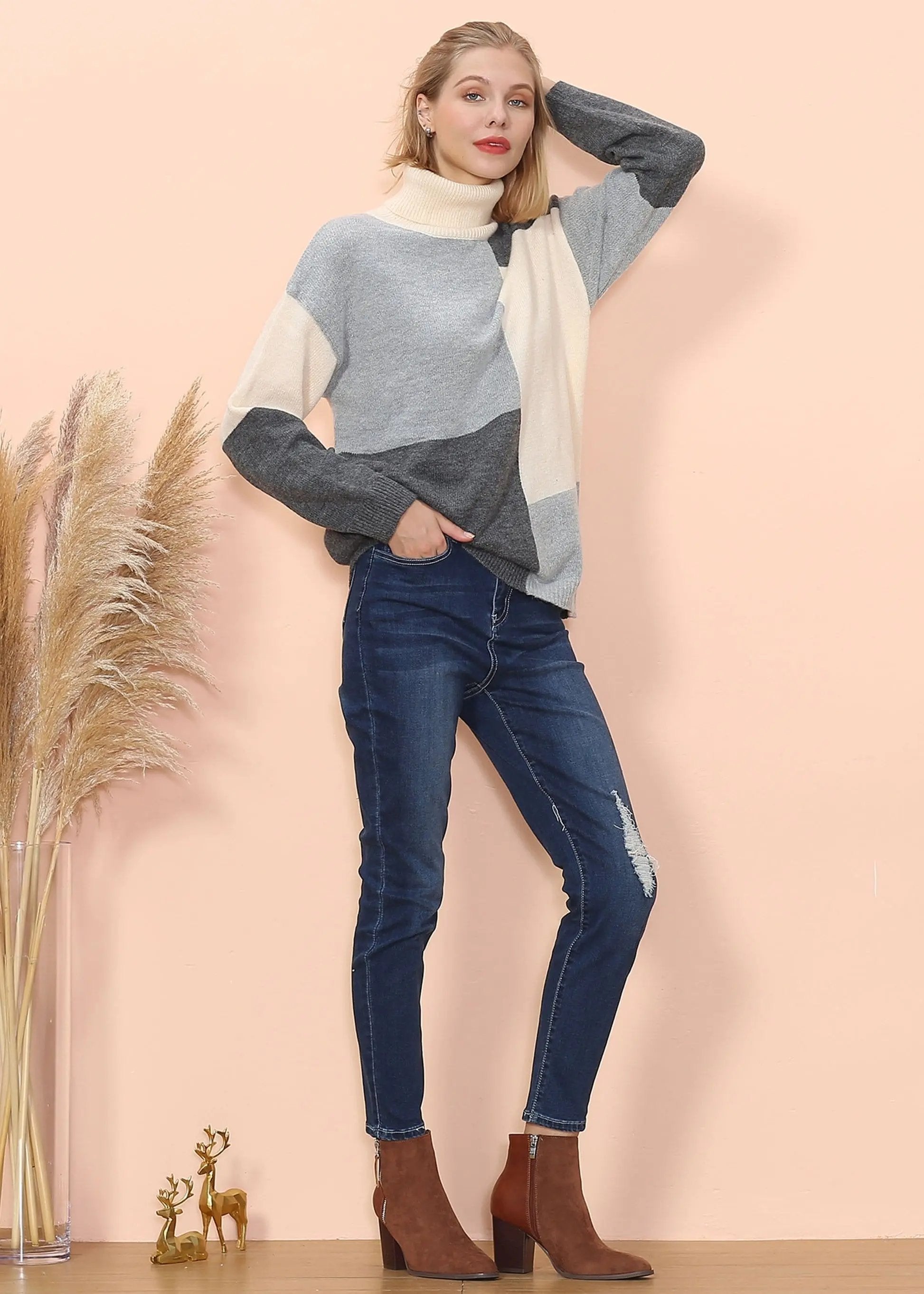 Color Block Front Turtleneck Sweater Anna-Kaci Wholesale