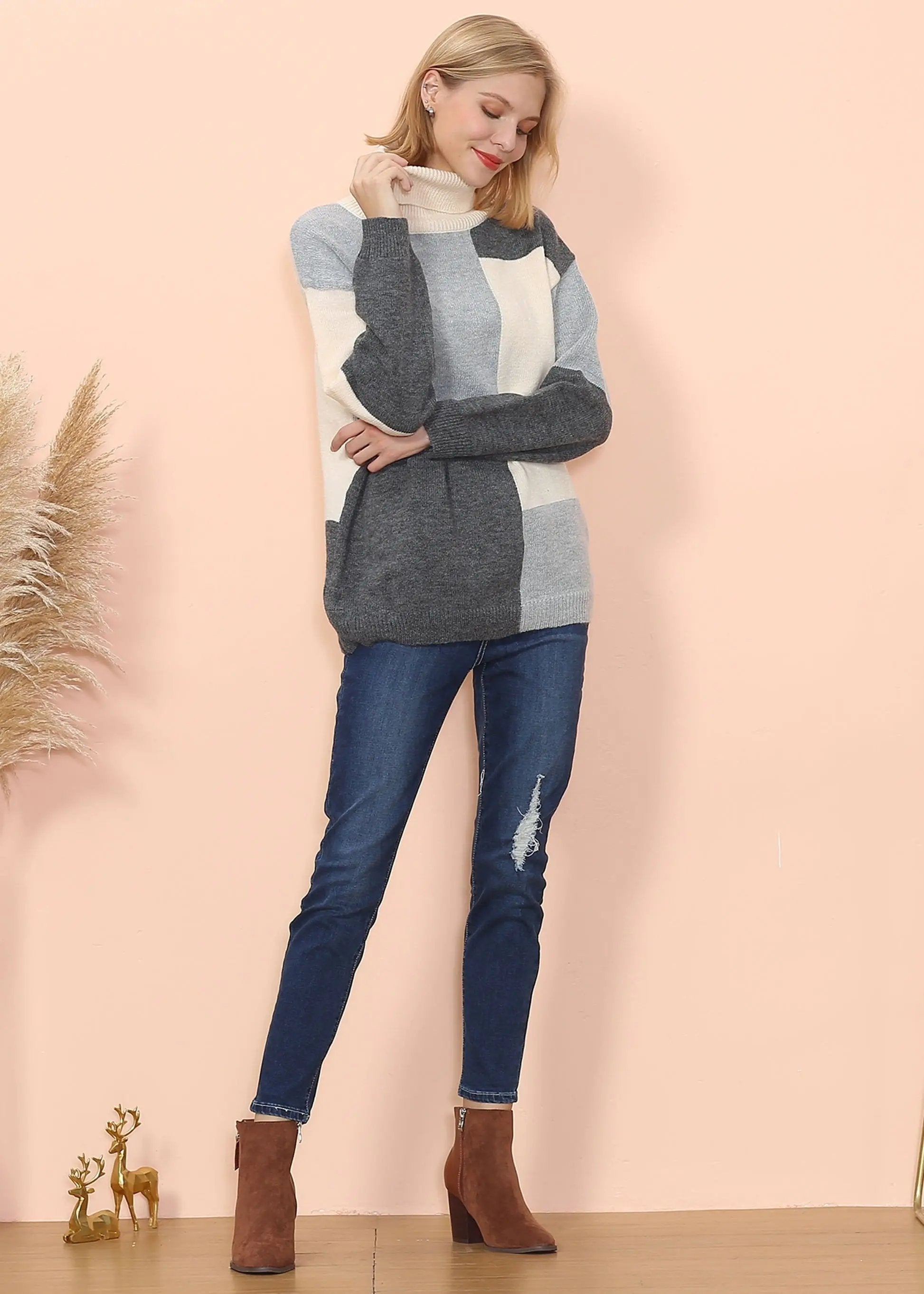 Color Block Front Turtleneck Sweater Anna-Kaci Wholesale