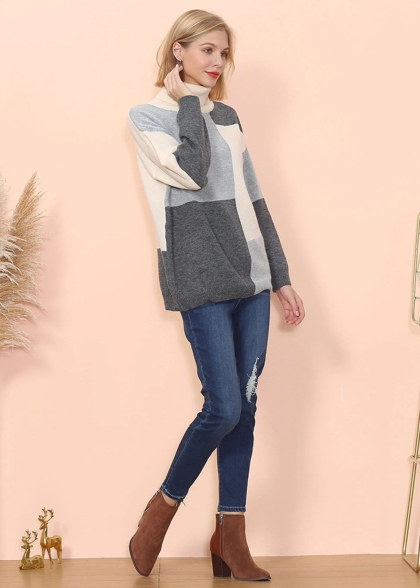 Color Block Front Turtleneck Sweater Anna-Kaci Wholesale