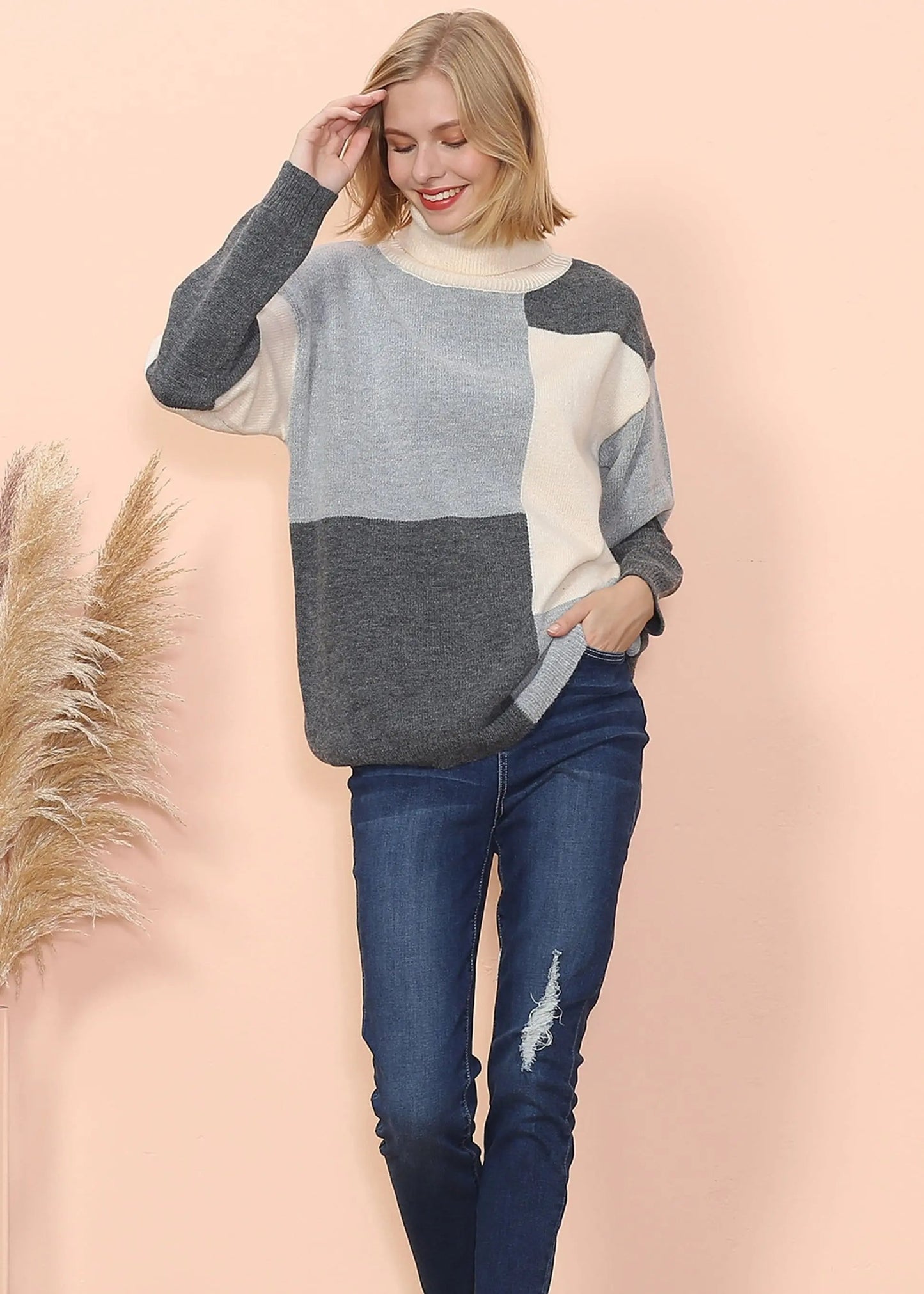 Color Block Front Turtleneck Sweater Anna-Kaci Wholesale