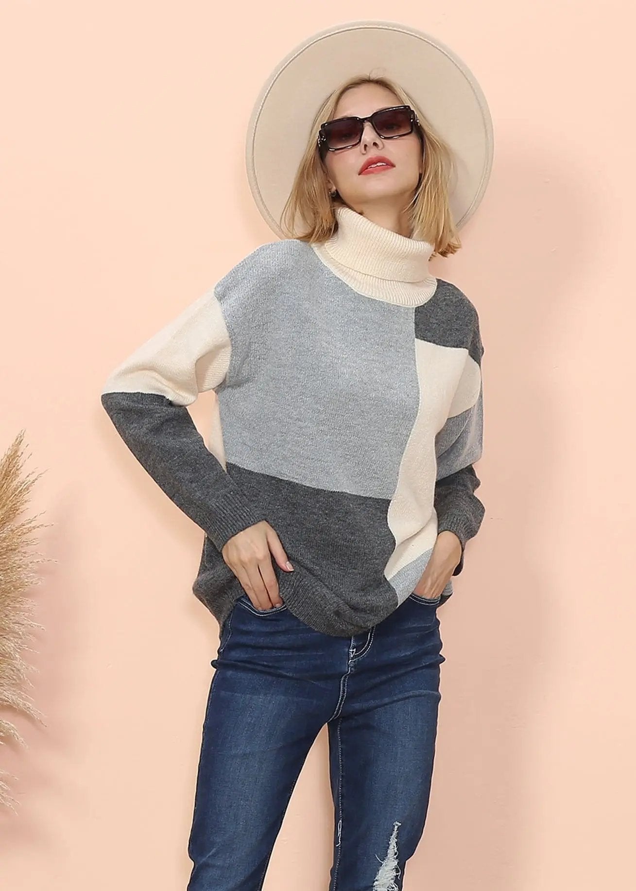 Color Block Front Turtleneck Sweater Anna-Kaci Wholesale