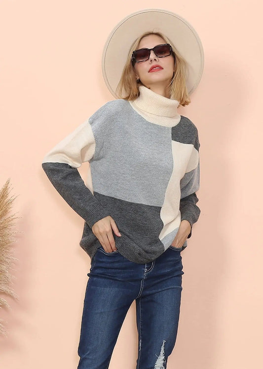 Color Block Front Turtleneck Sweater Anna-Kaci Wholesale