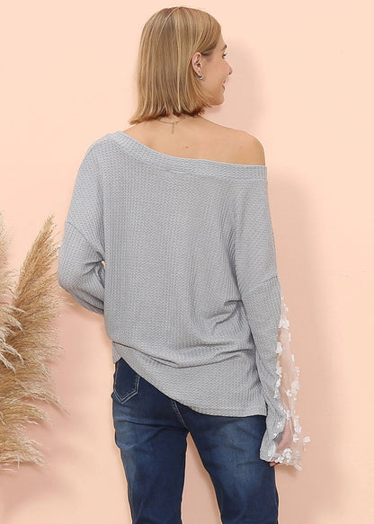 Flower Applique Bishop Sleeve Sweater Anna-Kaci Wholesale