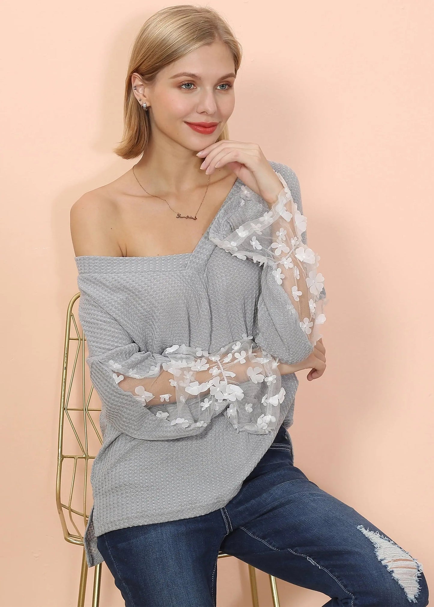 Flower Applique Bishop Sleeve Sweater Anna-Kaci Wholesale