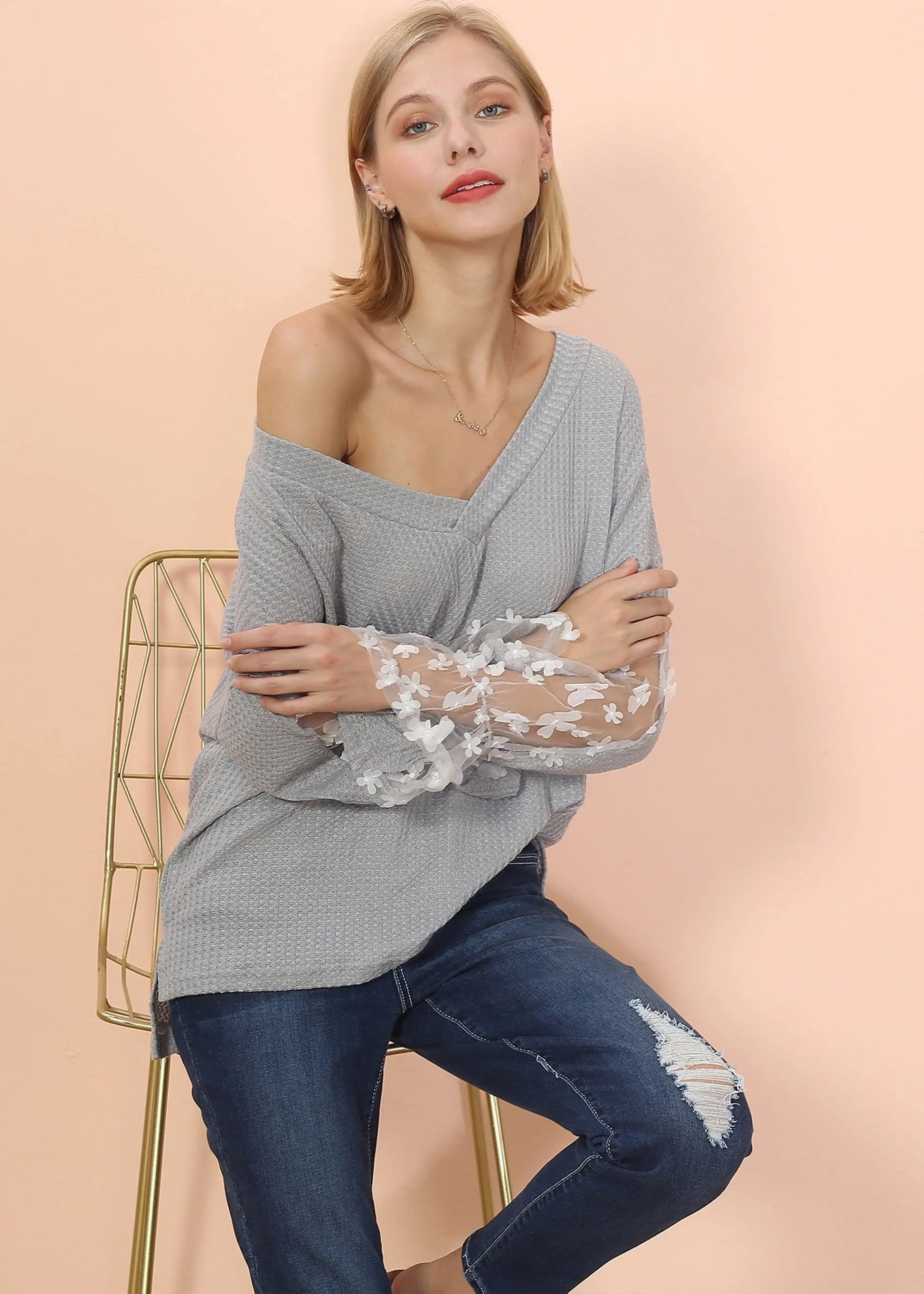 Flower Applique Bishop Sleeve Sweater Anna-Kaci Wholesale