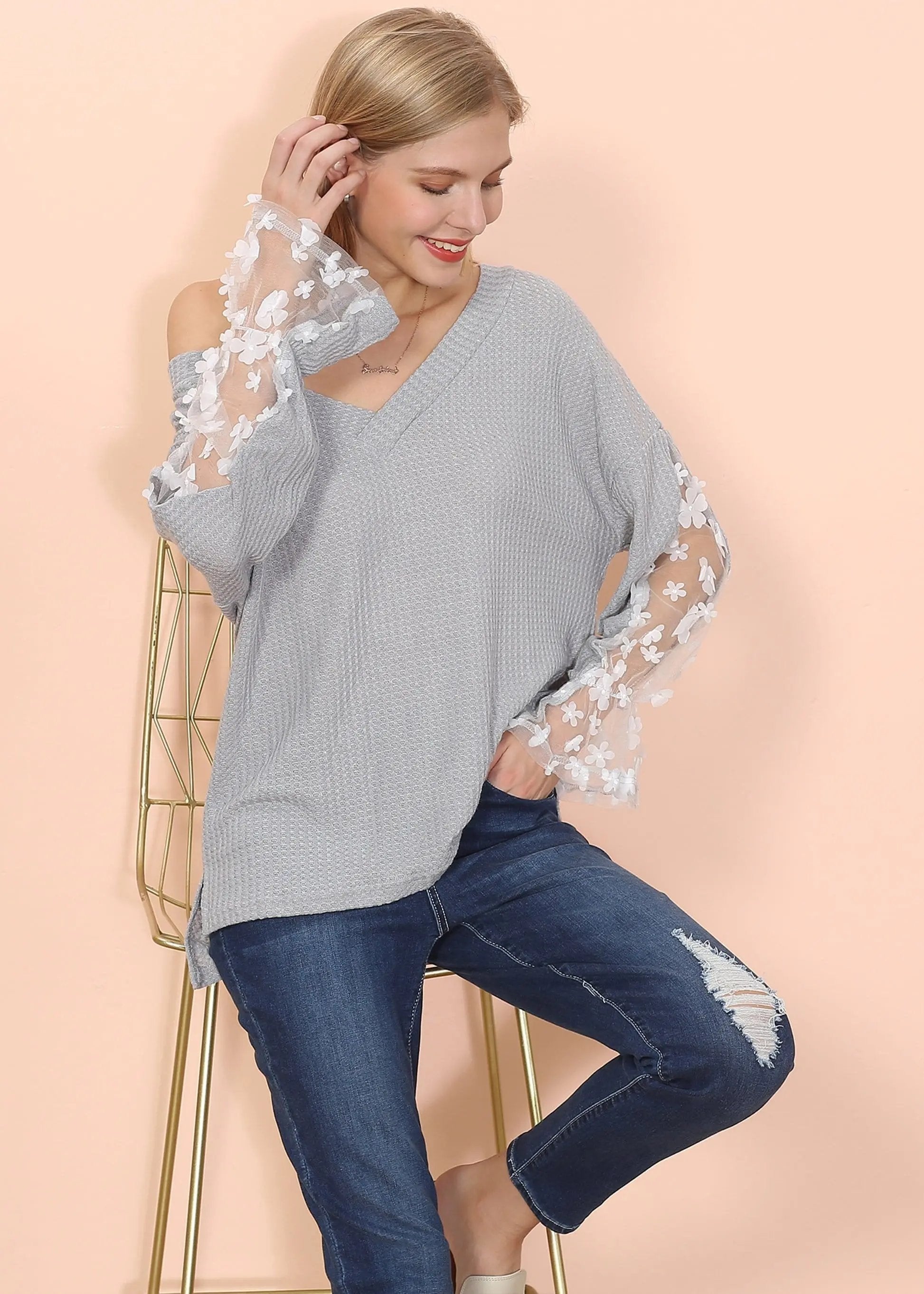 Flower Applique Bishop Sleeve Sweater Anna-Kaci Wholesale