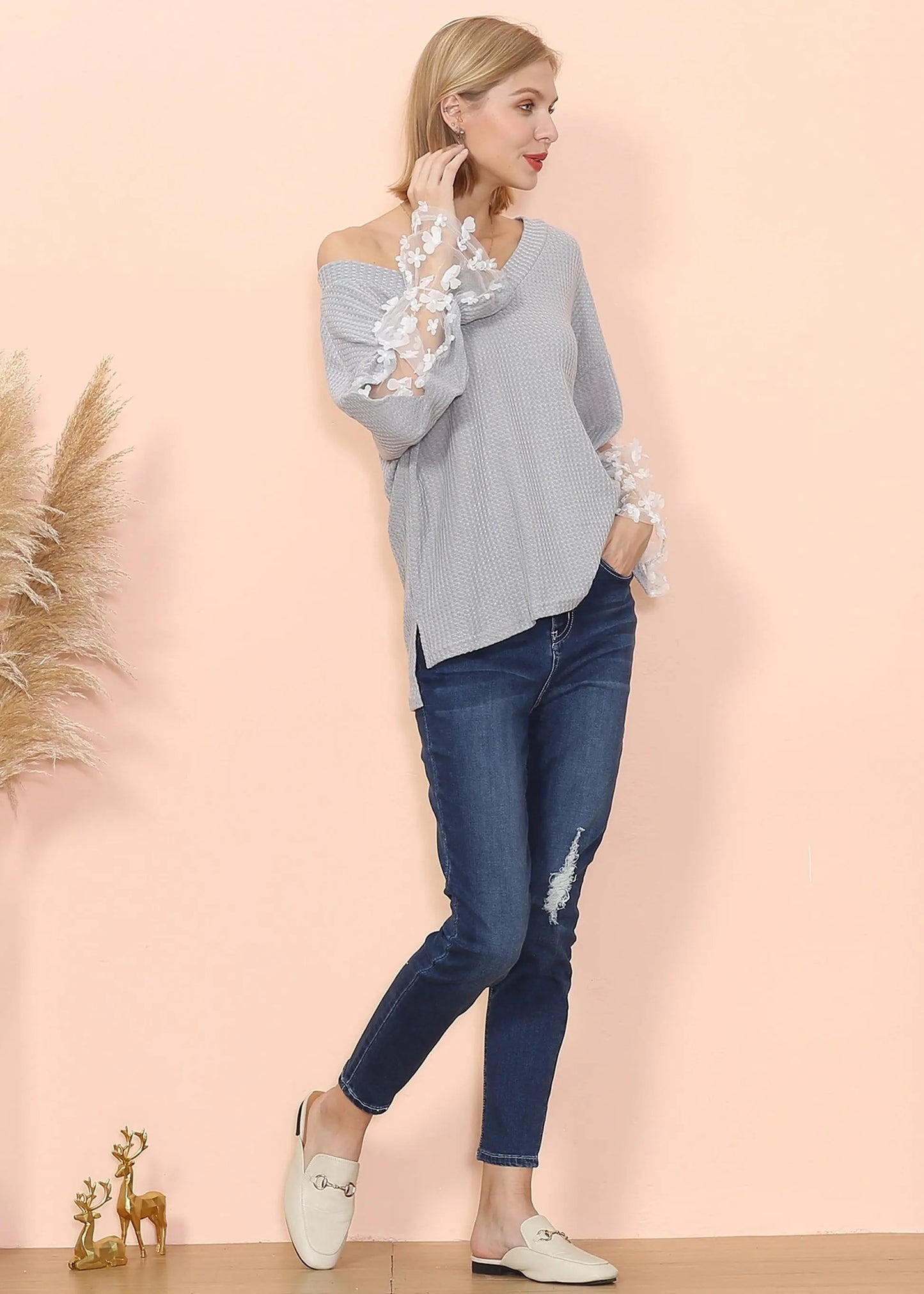 Flower Applique Bishop Sleeve Sweater Anna-Kaci Wholesale