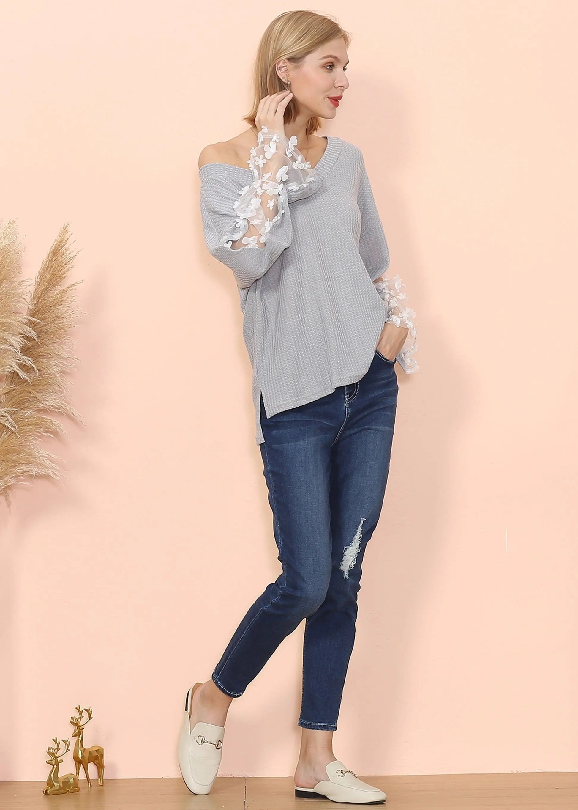 Flower Applique Bishop Sleeve Sweater Anna-Kaci Wholesale