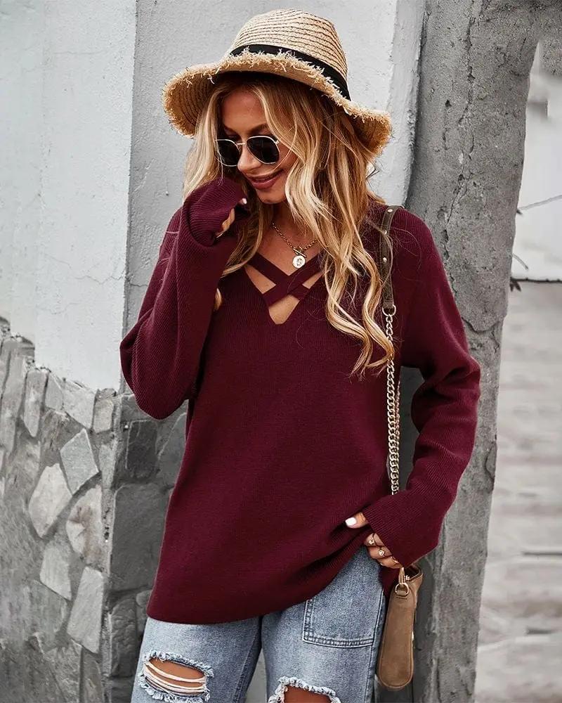 Criss Cross Front Knit Sweater Anna-Kaci Wholesale