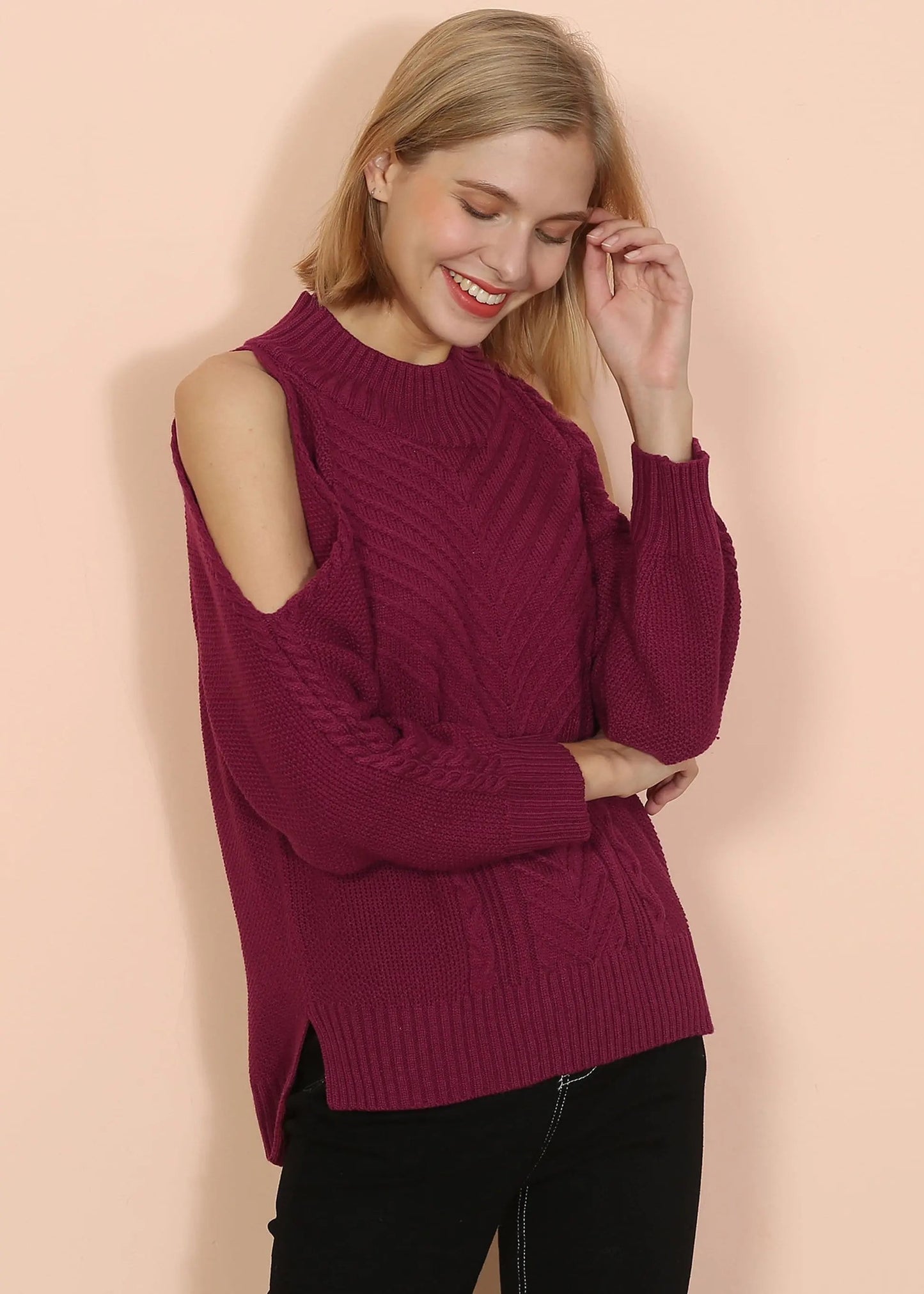 Cold Shoulder Cable Knit Sweater Anna-Kaci Wholesale