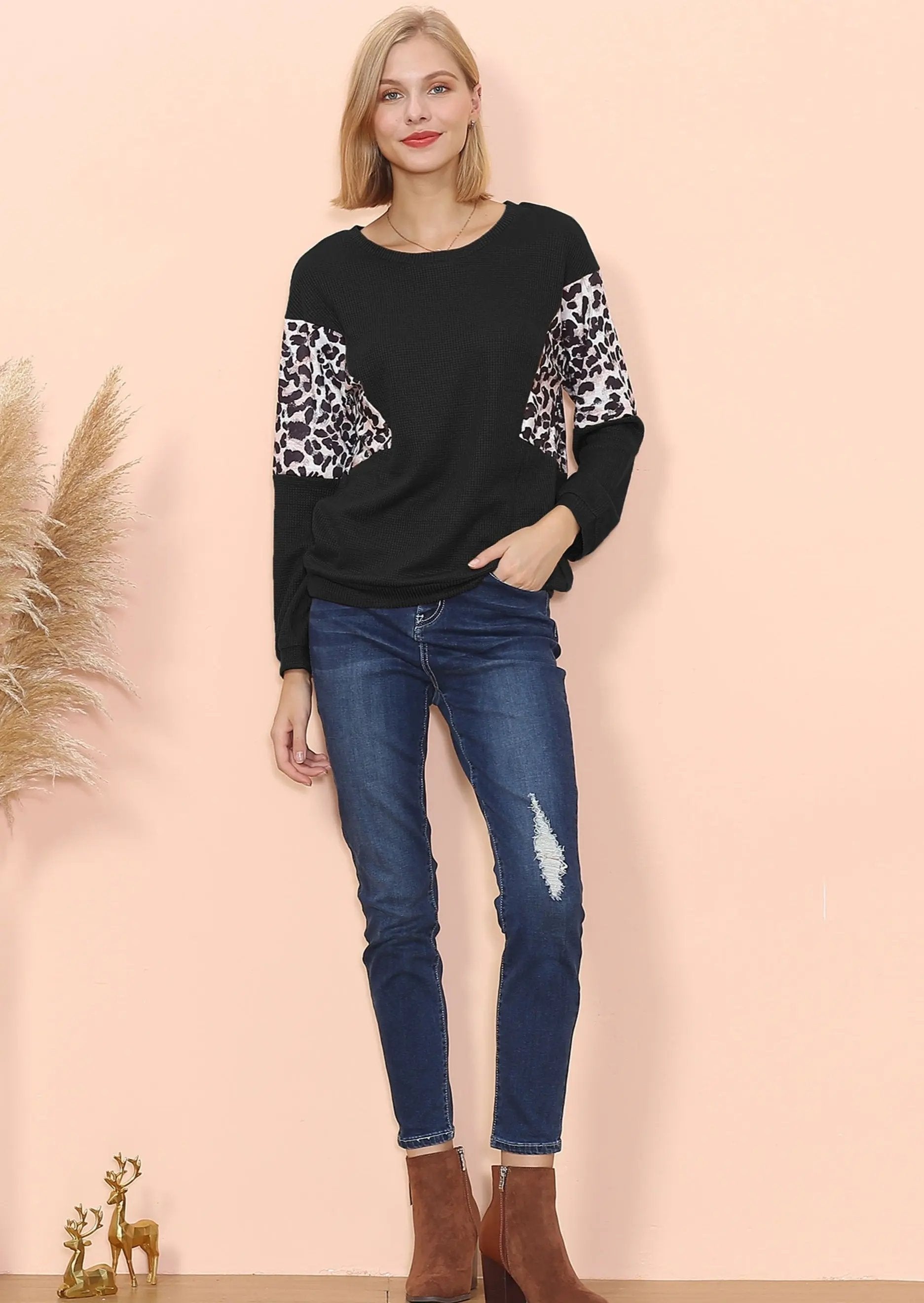 Drop Shoulder Two Tone Leopard Sweater Anna-Kaci Wholesale