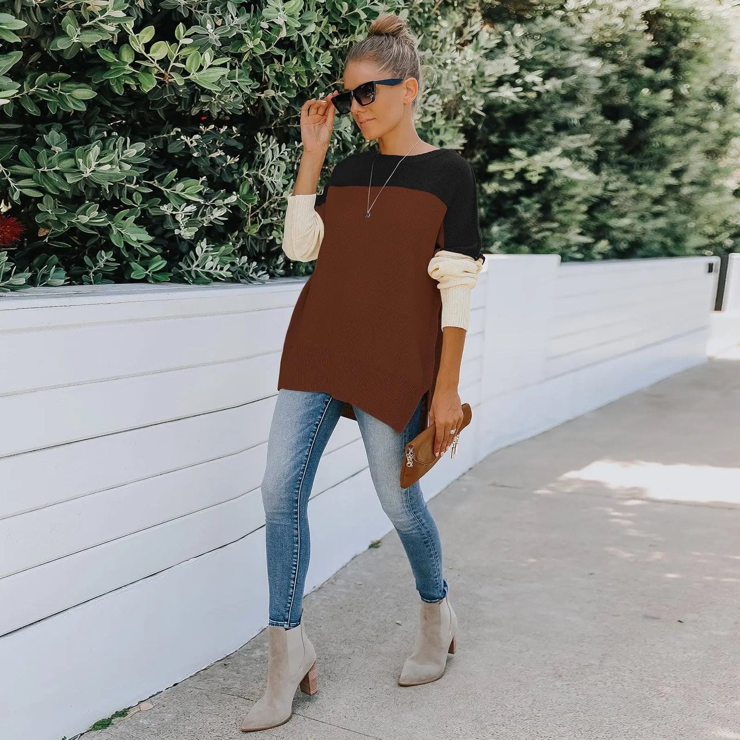 Triple Tone Long Knit Sweater Anna-Kaci Wholesale