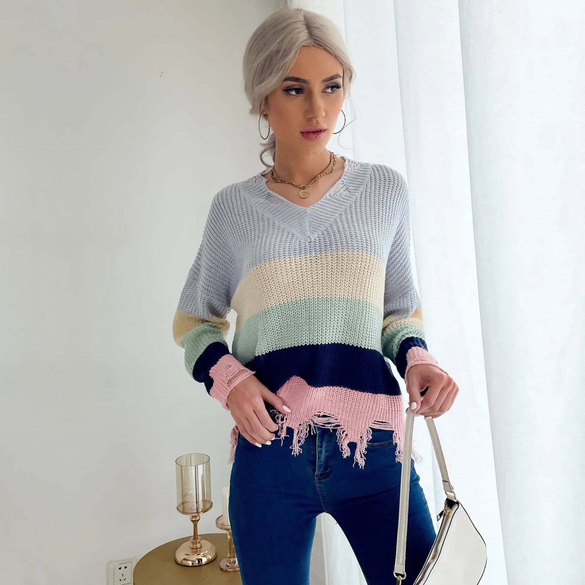 Frayed Hem Rainbow Knit Sweater Anna-Kaci Wholesale