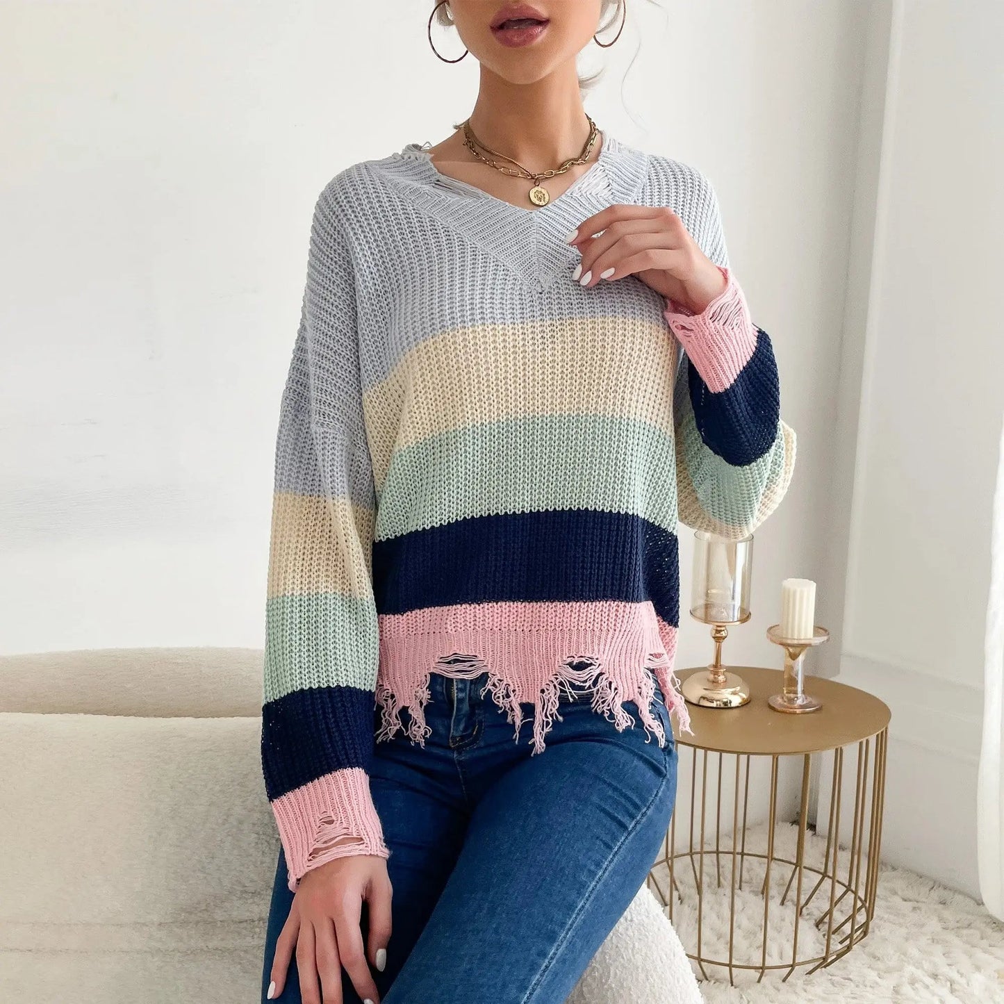 Frayed Hem Rainbow Knit Sweater Anna-Kaci Wholesale