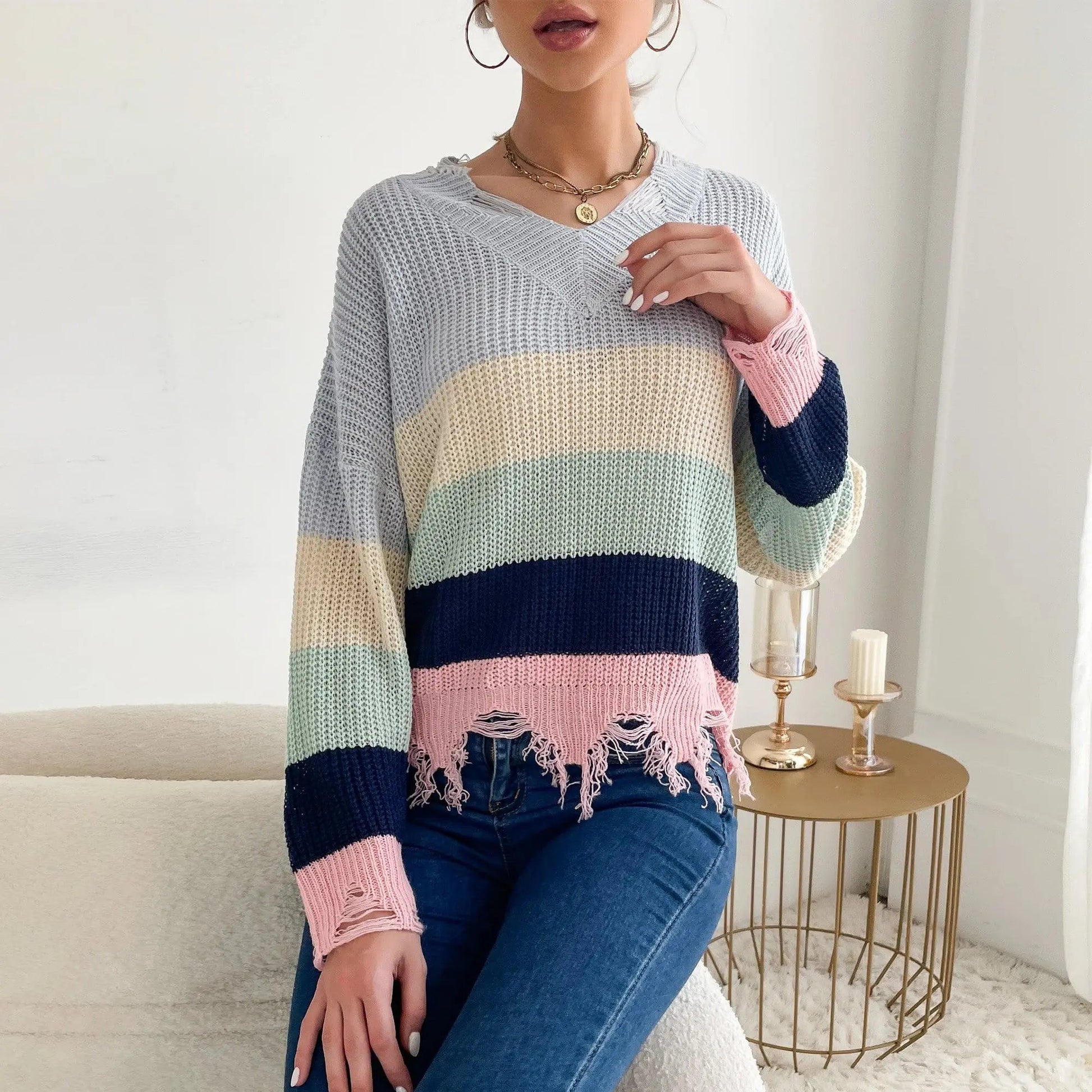 Frayed Hem Rainbow Knit Sweater Anna-Kaci Wholesale