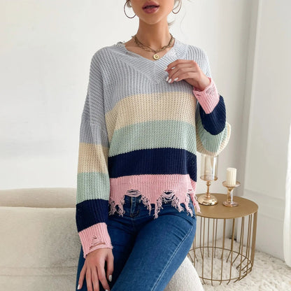 Frayed Hem Rainbow Knit Sweater Anna-Kaci Wholesale