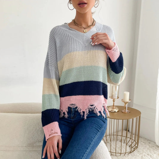 Frayed Hem Rainbow Knit Sweater Anna-Kaci Wholesale