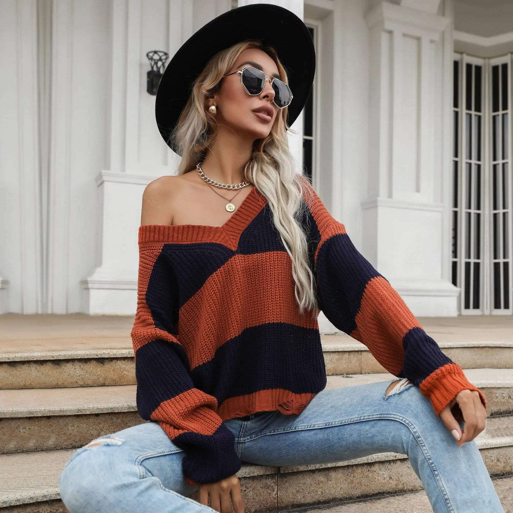 V Neck Striped Fall Sweater Anna-Kaci Wholesale