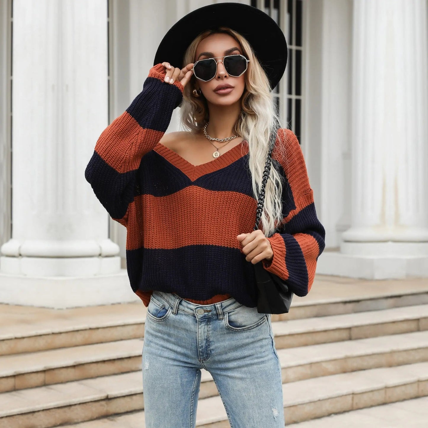 V Neck Striped Fall Sweater Anna-Kaci Wholesale
