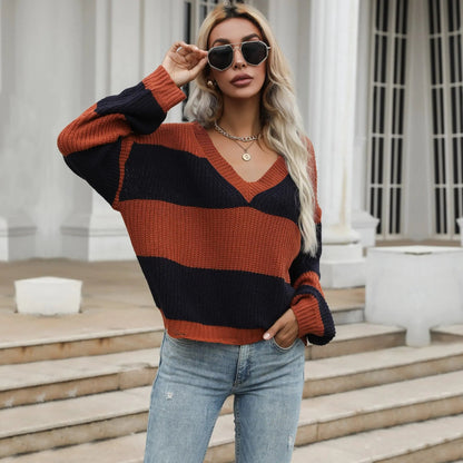 V Neck Striped Fall Sweater Anna-Kaci Wholesale