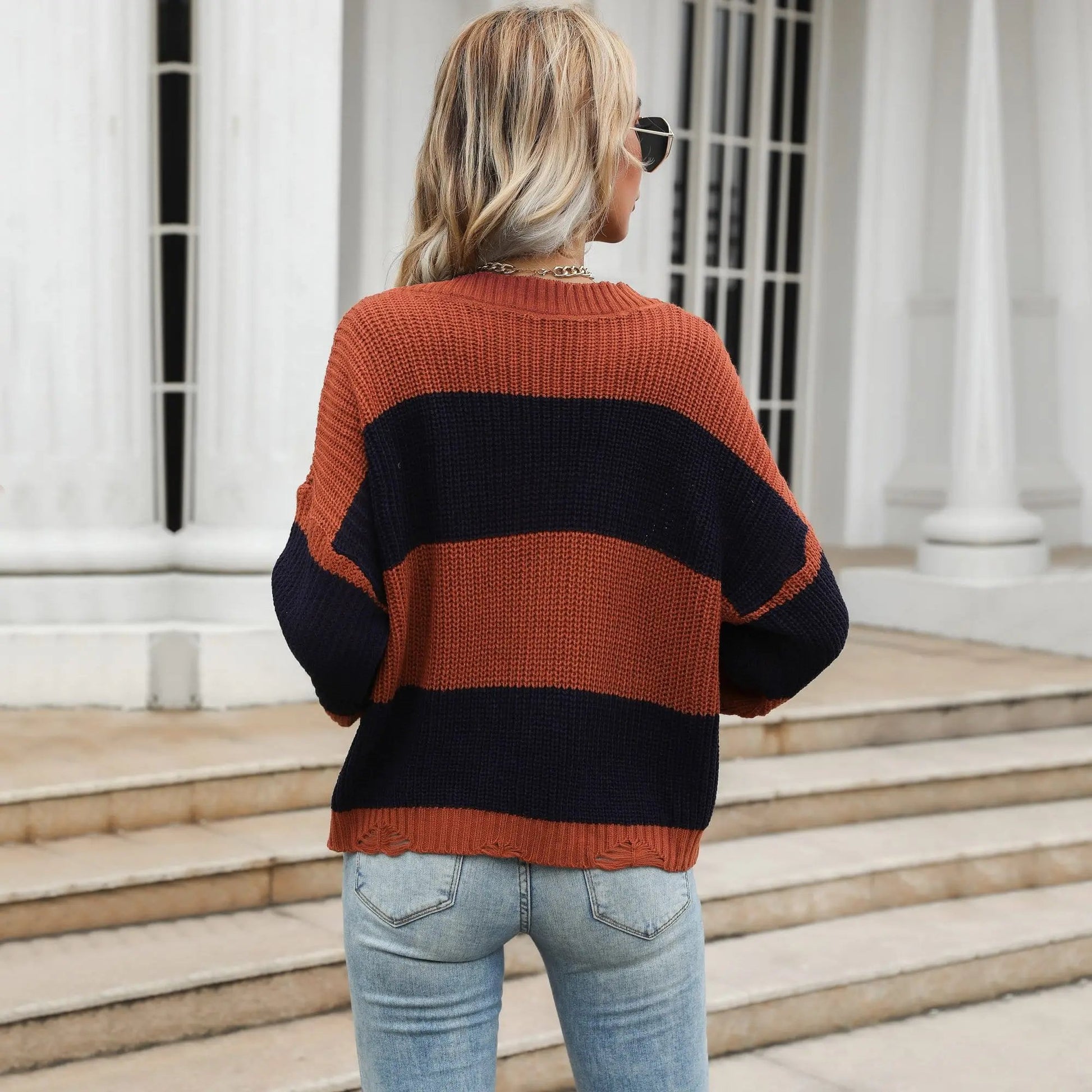 V Neck Striped Fall Sweater Anna-Kaci Wholesale