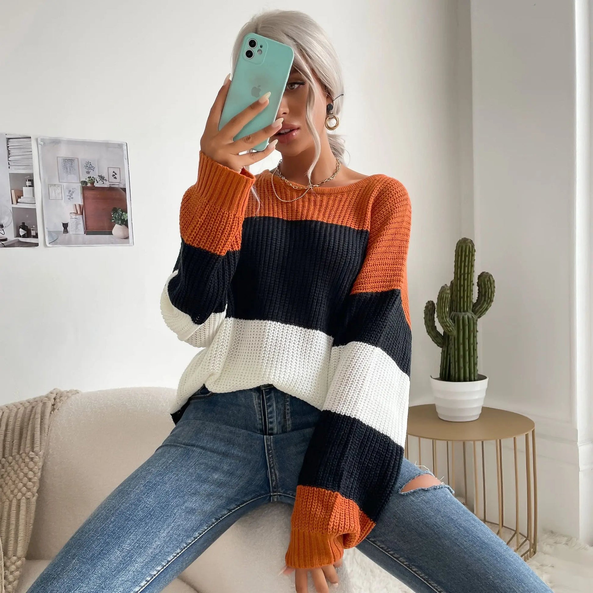 Chunky Color Block Oversized Sweater Anna-Kaci Wholesale