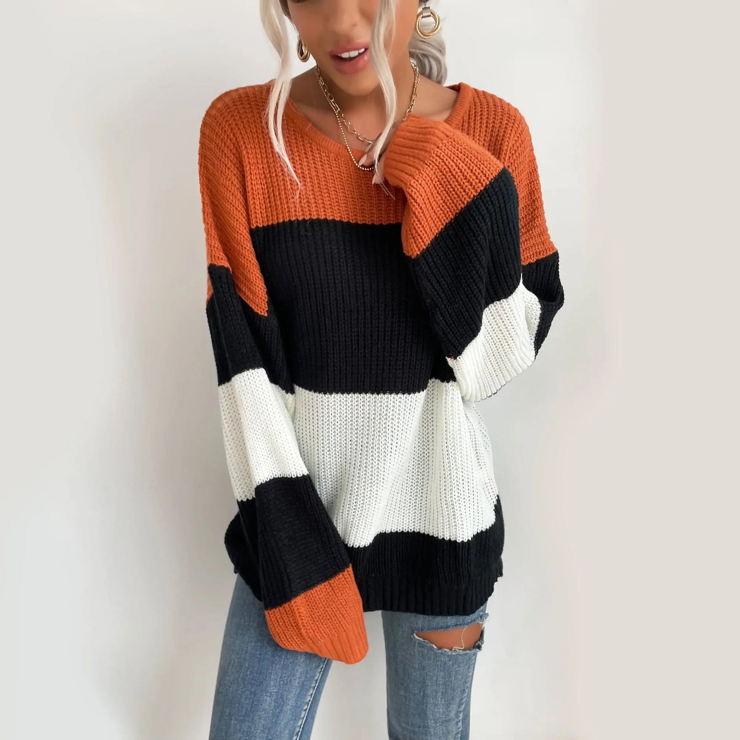 Chunky Color Block Oversized Sweater Anna-Kaci Wholesale