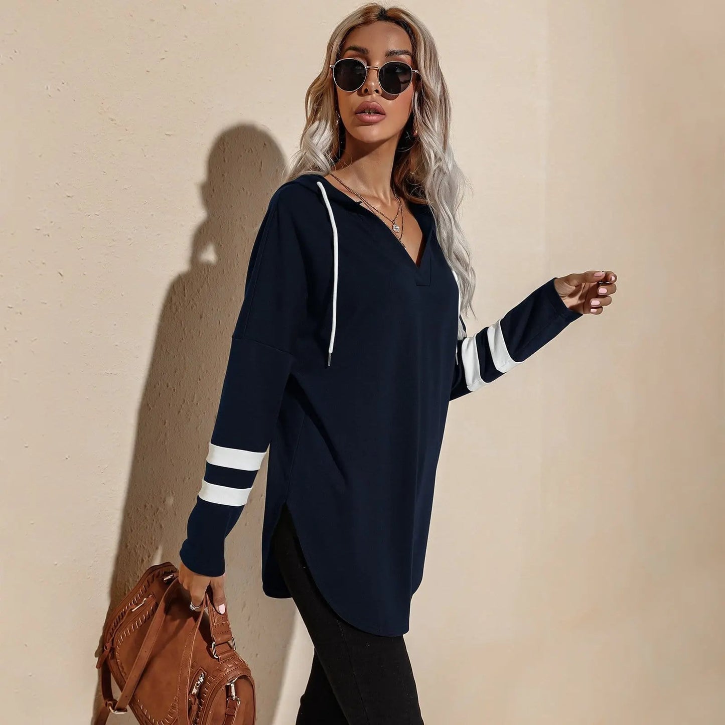 V Neck Sporty Hoodie Sweater Anna-Kaci Wholesale