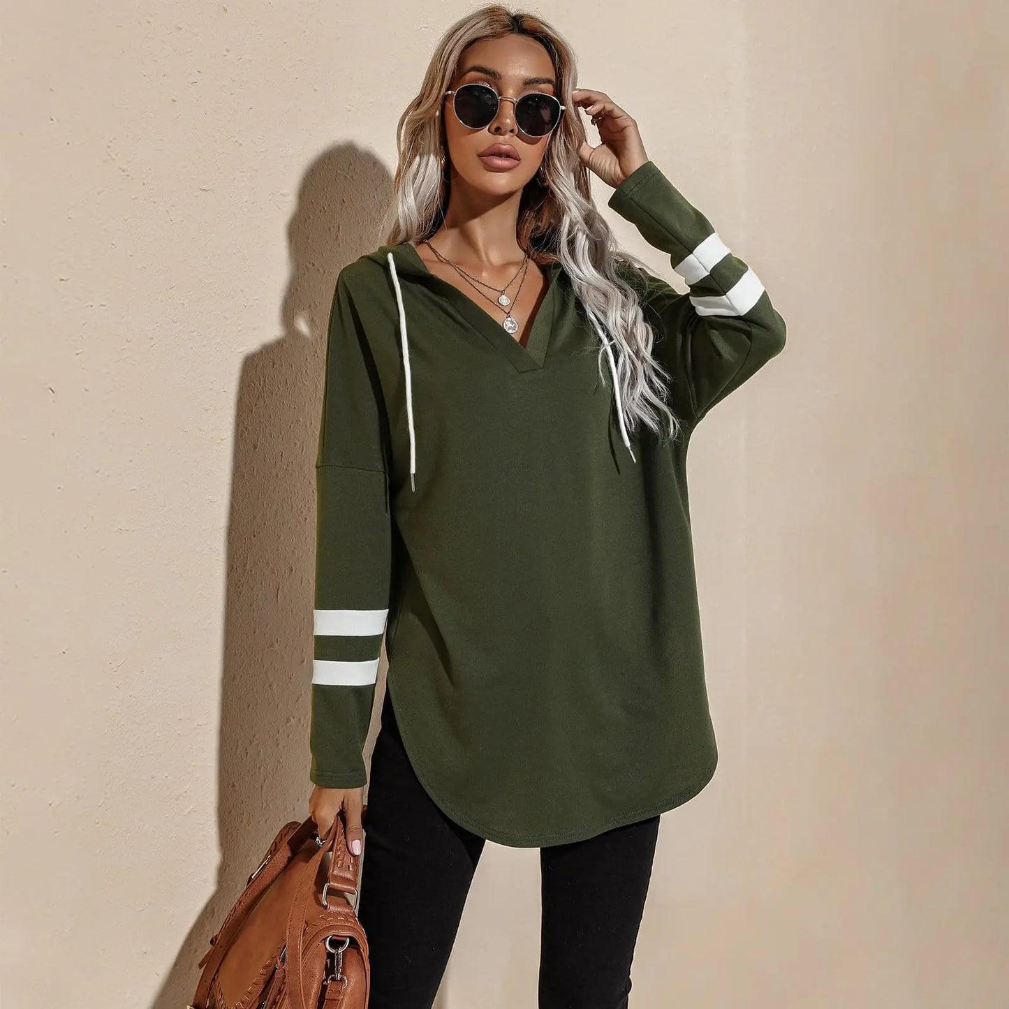 V Neck Sporty Hoodie Sweater Anna-Kaci Wholesale
