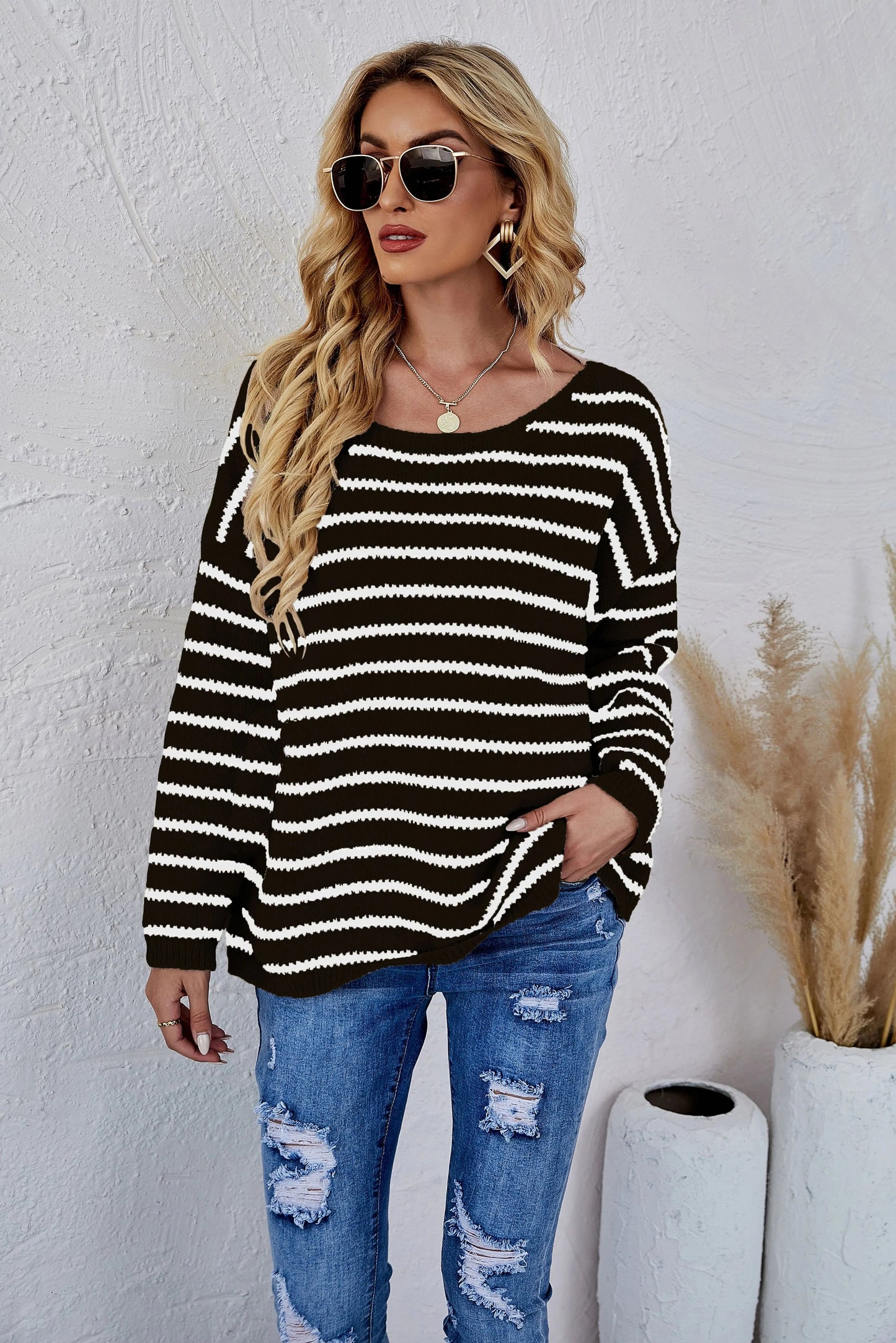 Round Neck Striped Knit Sweater Anna-Kaci Wholesale