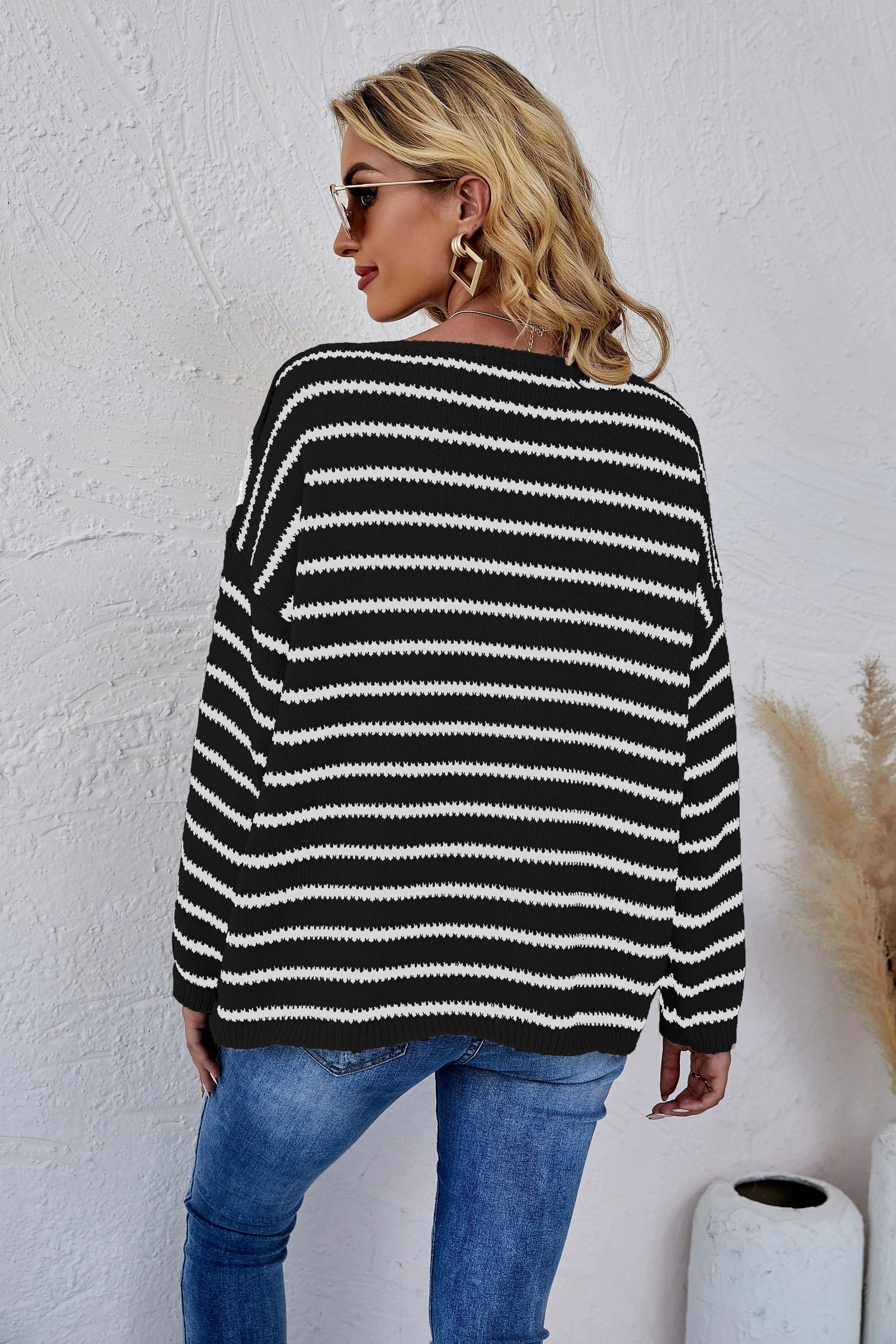 Round Neck Striped Knit Sweater Anna-Kaci Wholesale