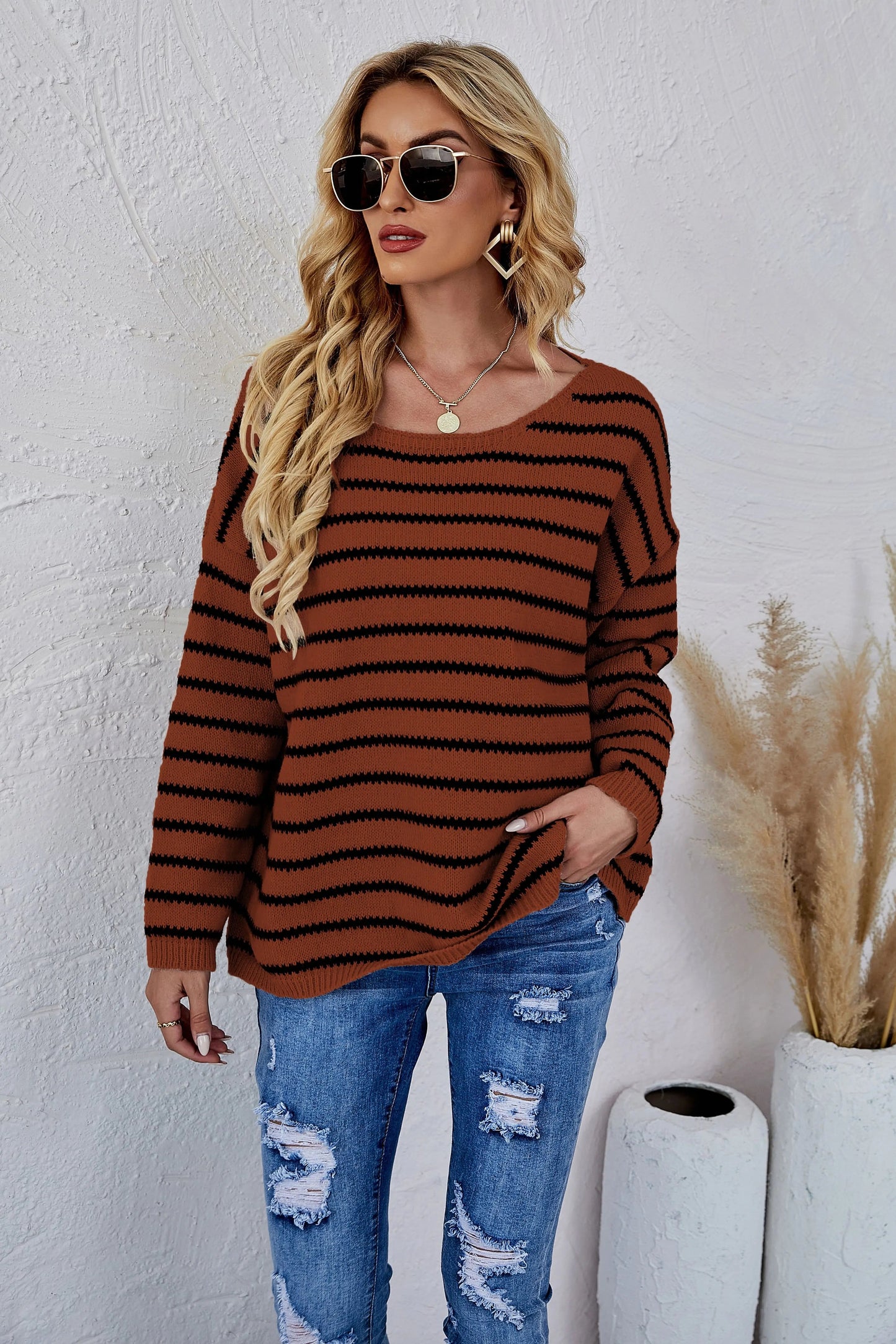 Round Neck Striped Knit Sweater Anna-Kaci Wholesale
