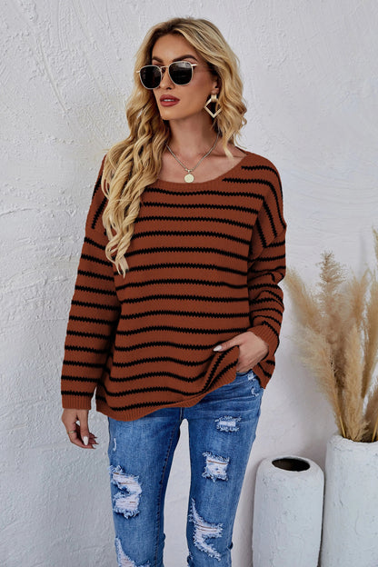 Round Neck Striped Knit Sweater Anna-Kaci Wholesale