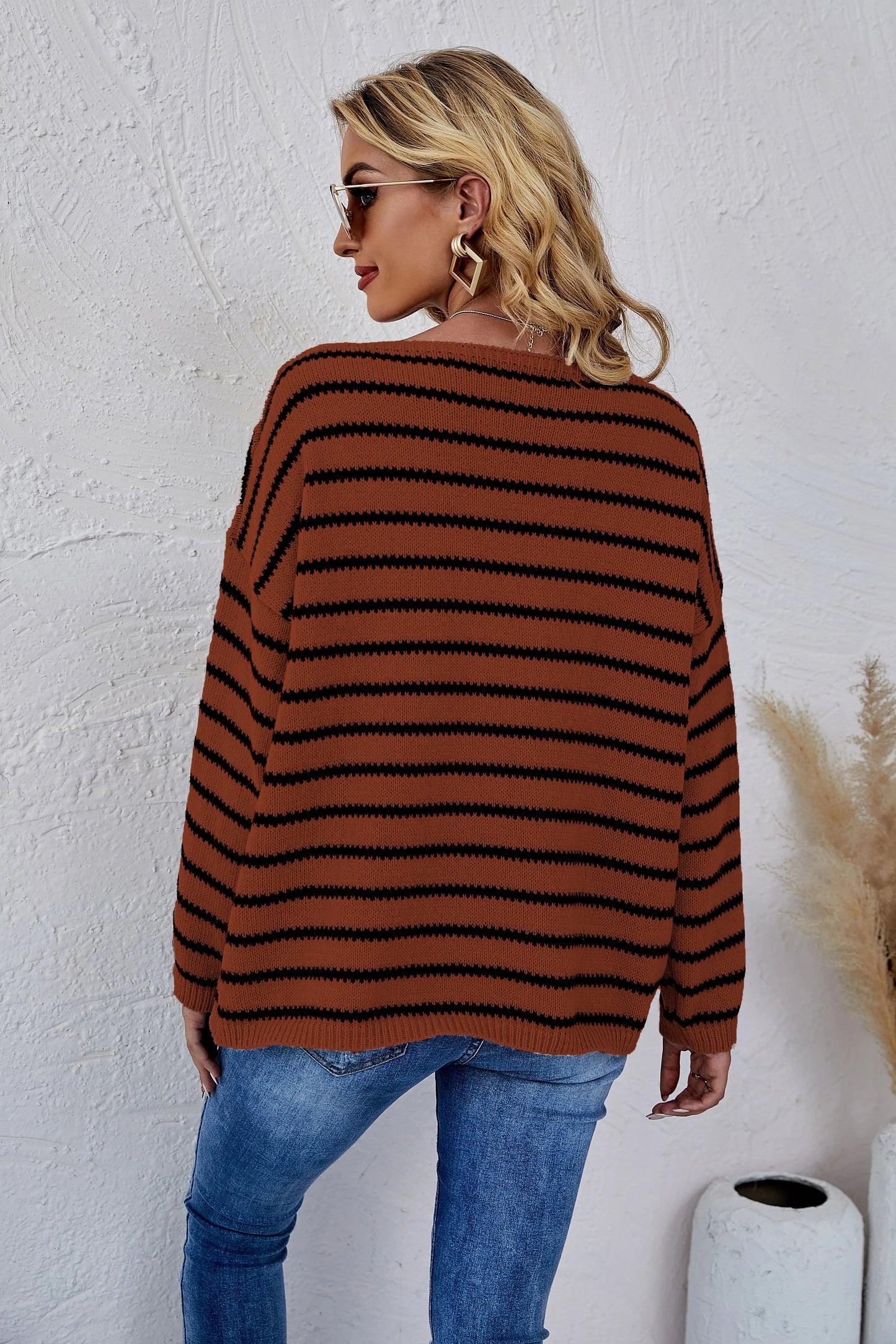 Round Neck Striped Knit Sweater Anna-Kaci Wholesale