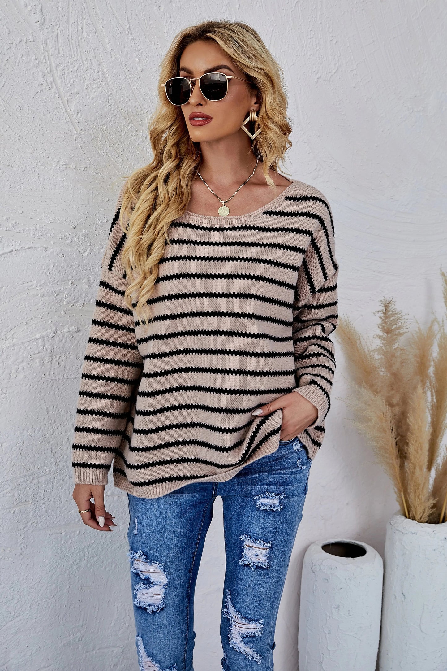 Round Neck Striped Knit Sweater Anna-Kaci Wholesale