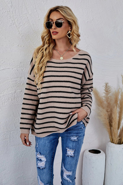 Round Neck Striped Knit Sweater Anna-Kaci Wholesale