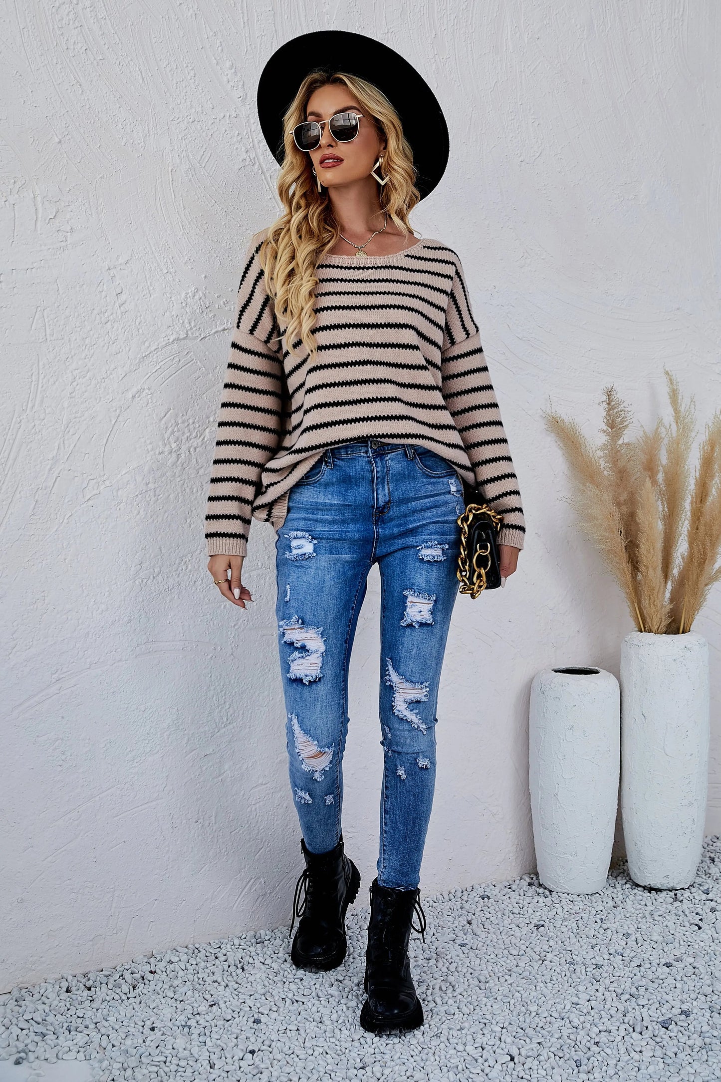 Round Neck Striped Knit Sweater Anna-Kaci Wholesale