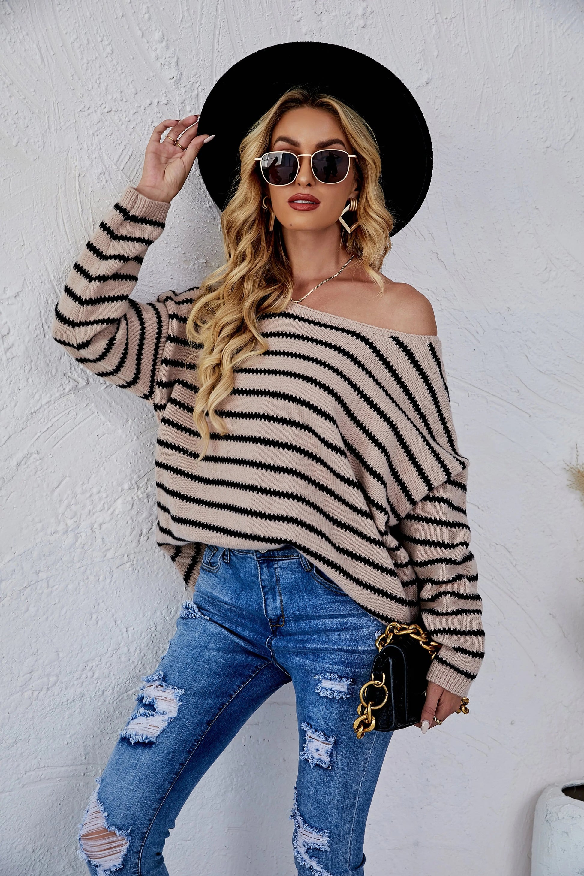 Round Neck Striped Knit Sweater Anna-Kaci Wholesale