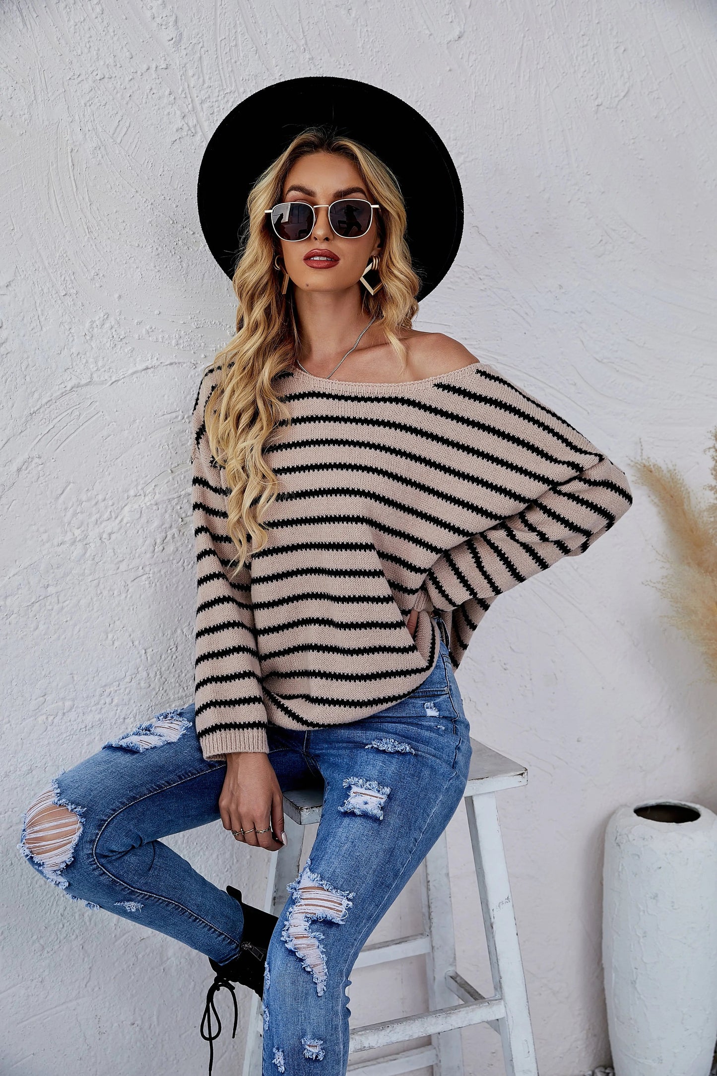 Round Neck Striped Knit Sweater Anna-Kaci Wholesale