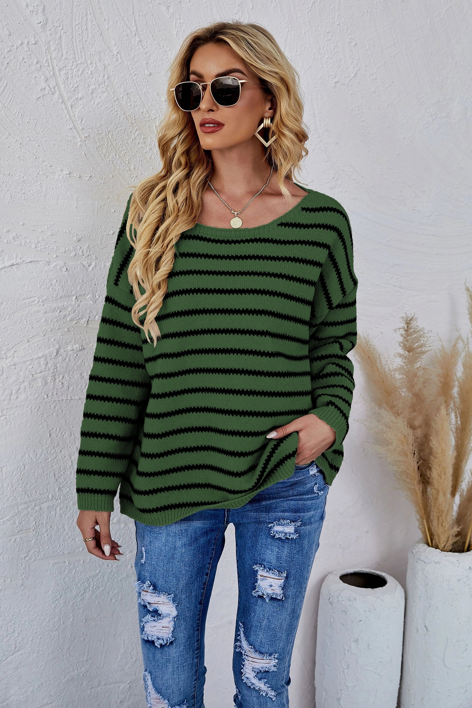 Round Neck Striped Knit Sweater Anna-Kaci Wholesale