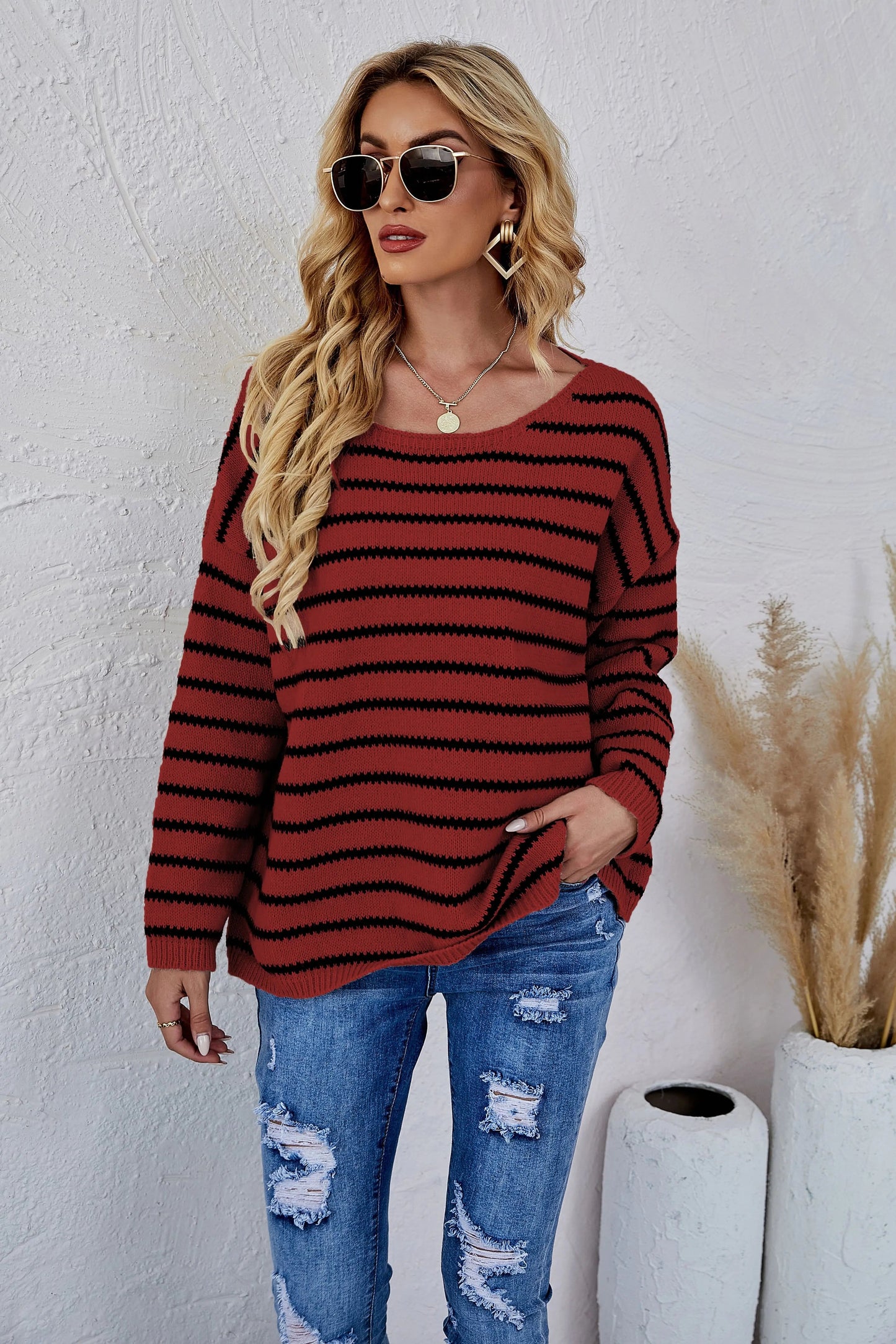 Round Neck Striped Knit Sweater Anna-Kaci Wholesale