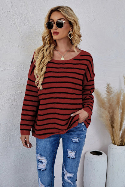 Round Neck Striped Knit Sweater Anna-Kaci Wholesale