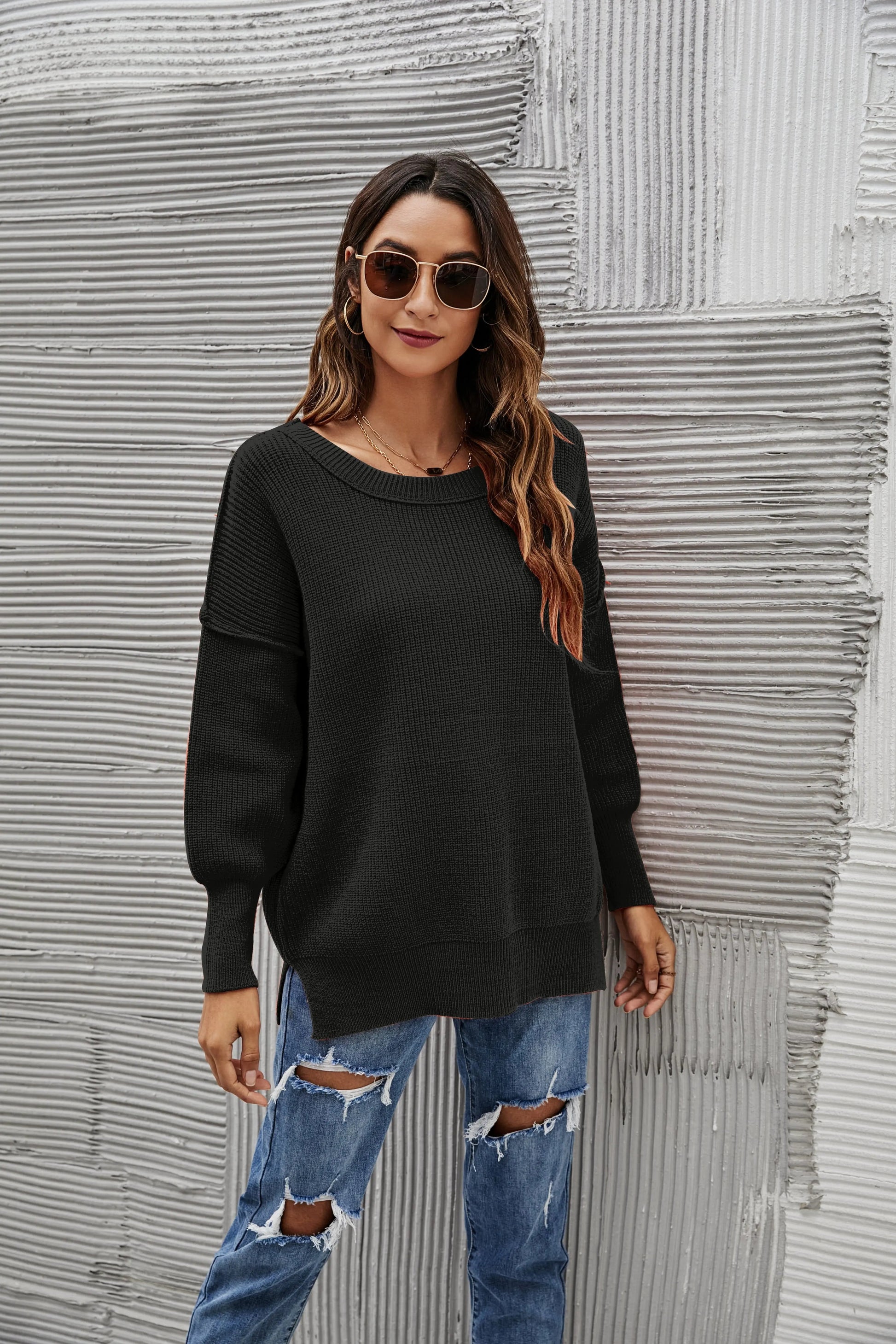 Solid Side Slit Knit Sweater Anna-Kaci Wholesale