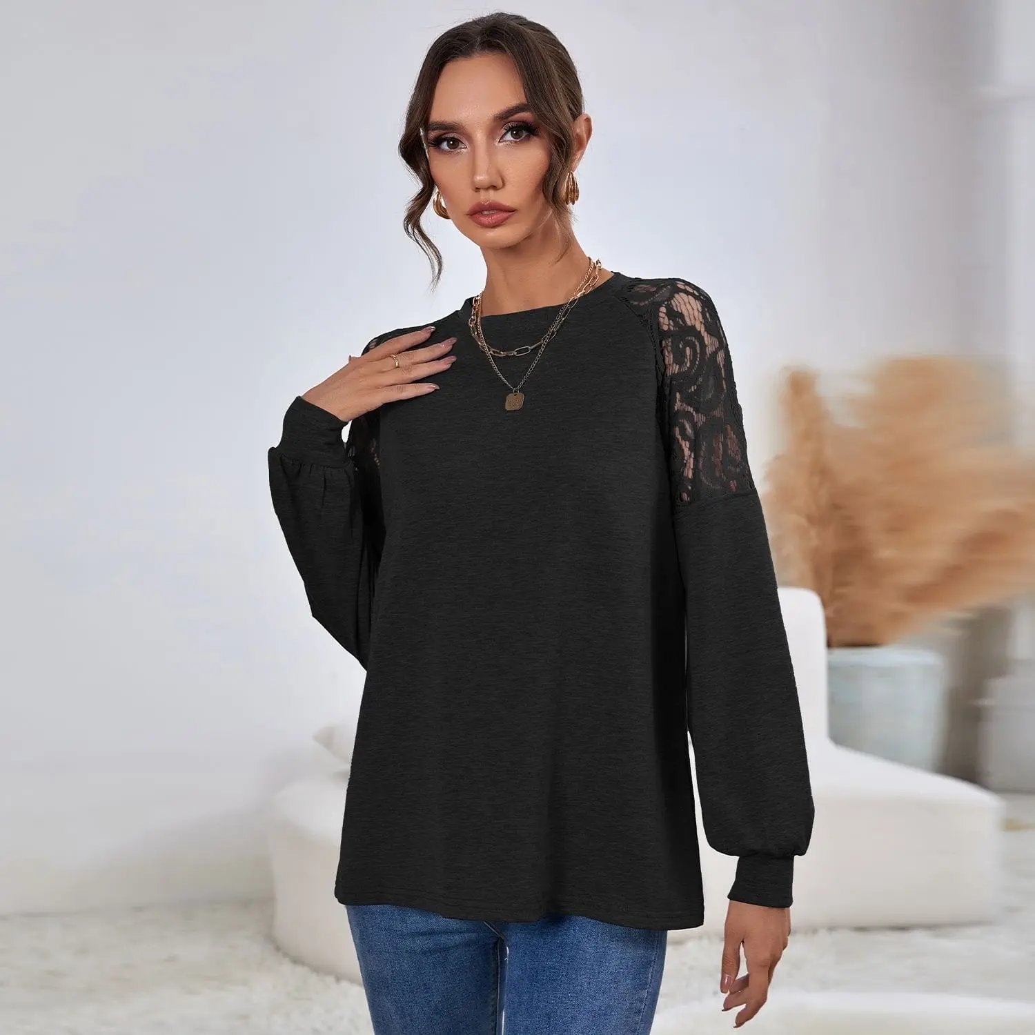 Lace Detail Raglan Sleeve Sweater Anna-Kaci Wholesale
