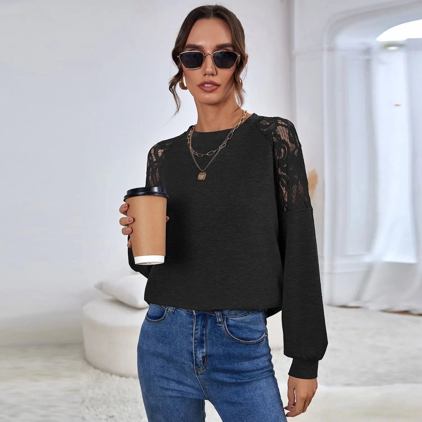 Lace Detail Raglan Sleeve Sweater Anna-Kaci Wholesale