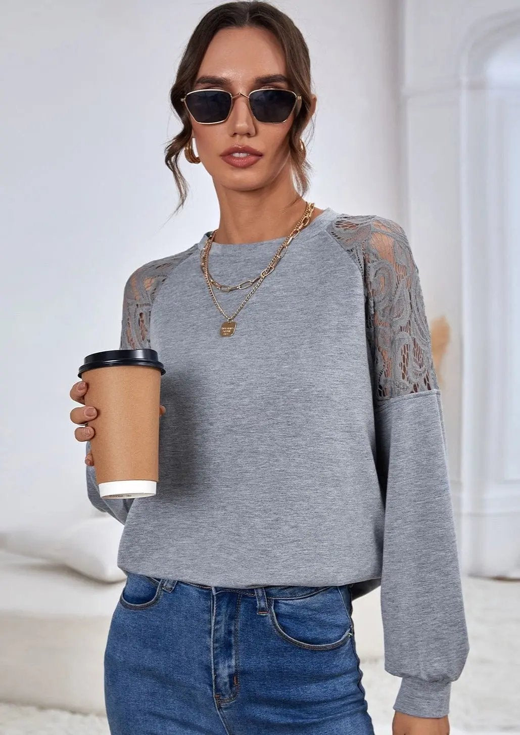 Lace Detail Raglan Sleeve Sweater Anna-Kaci Wholesale