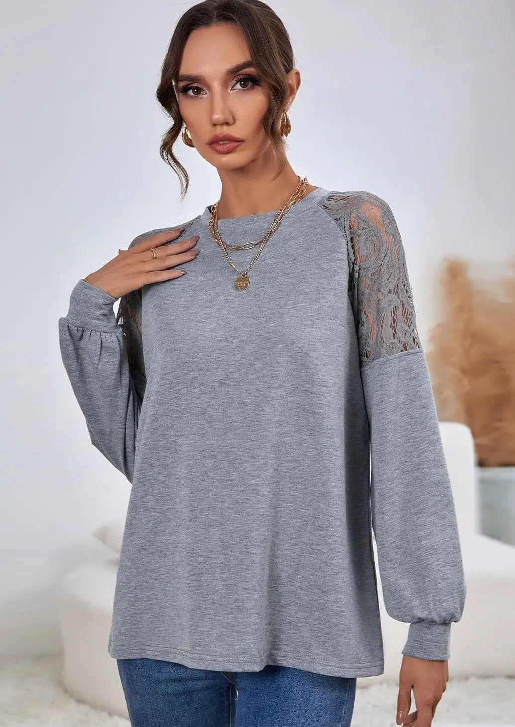 Lace Detail Raglan Sleeve Sweater Anna-Kaci Wholesale